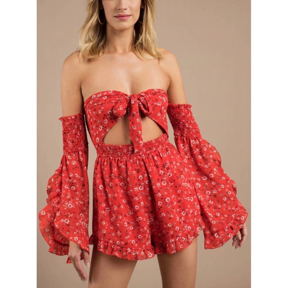 Tobi Off the Shoulder Red Floral Romper NWT